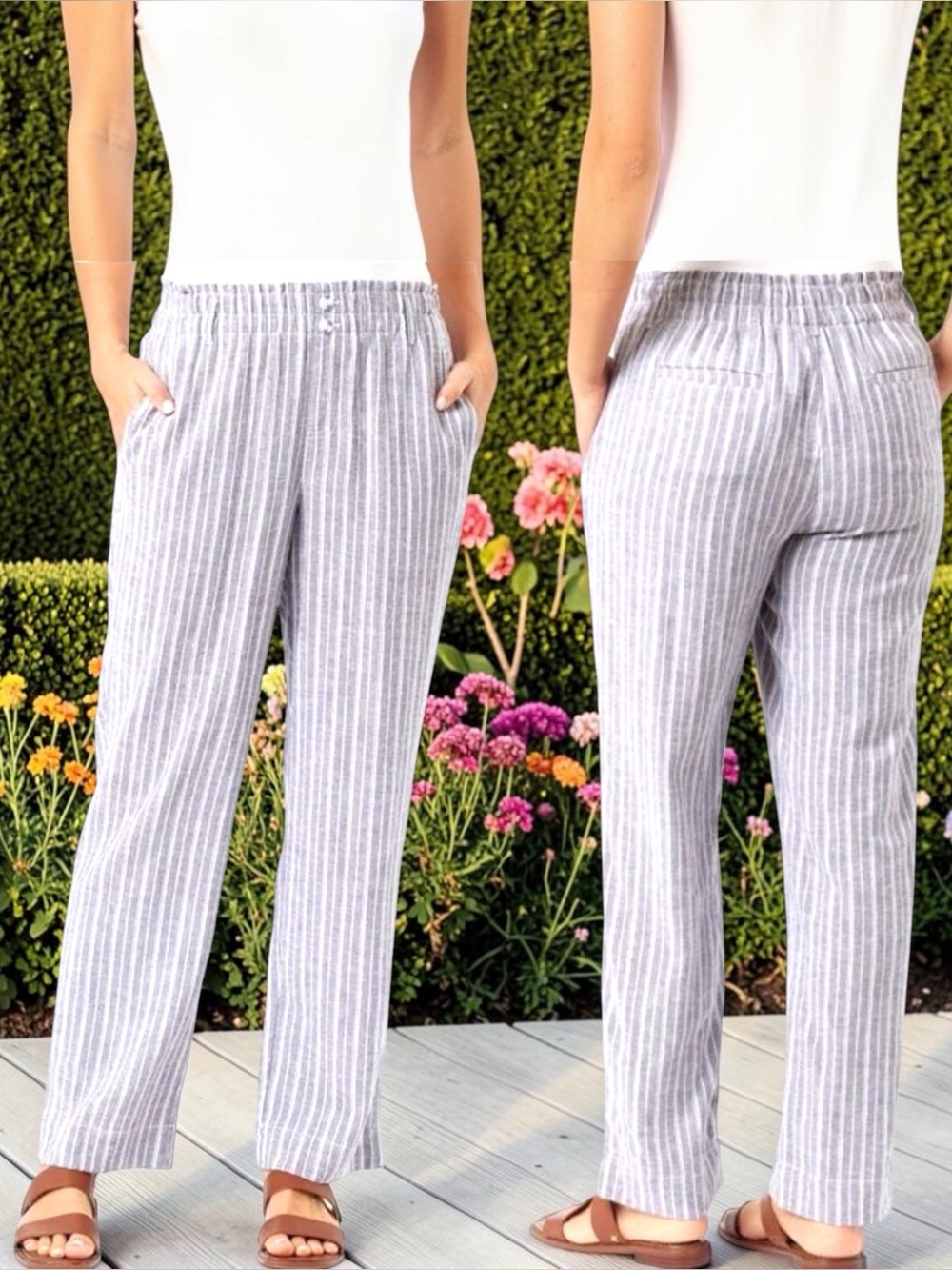 Briggs New York Gray and White Striped Wide-Leg Linen-Blend Pants l L l EUC